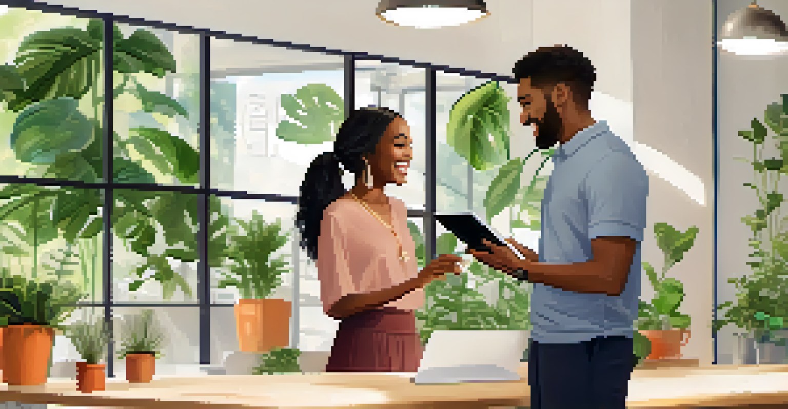 A mentor and mentee in a bright workspace discussing feedback with a tablet, surrounded by greenery and modern decor.