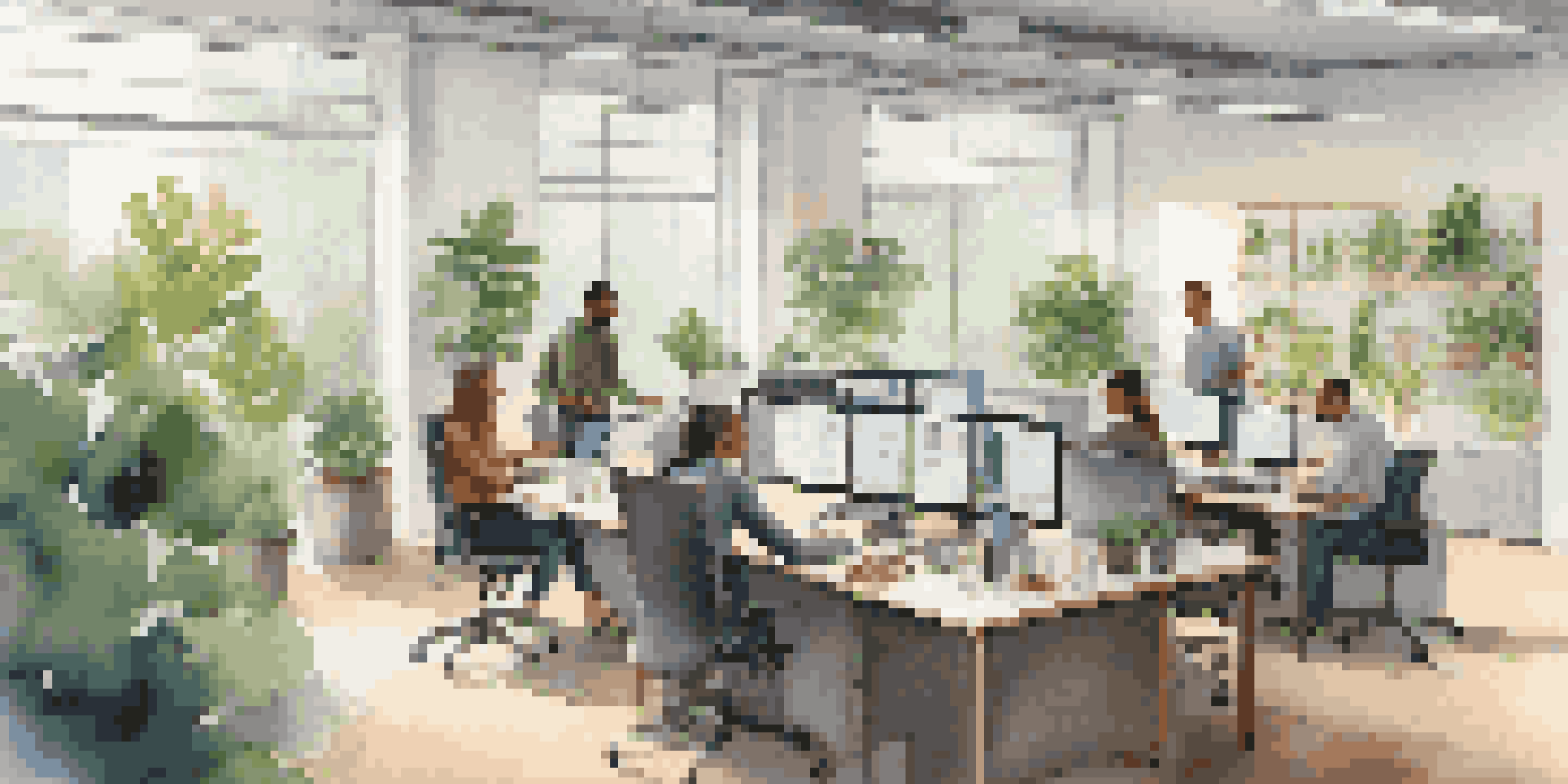 A diverse group of employees working together in a bright, modern office with plants and technology.