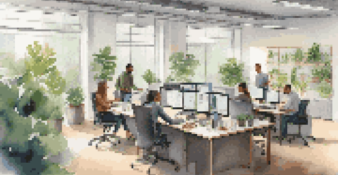 A diverse group of employees working together in a bright, modern office with plants and technology.