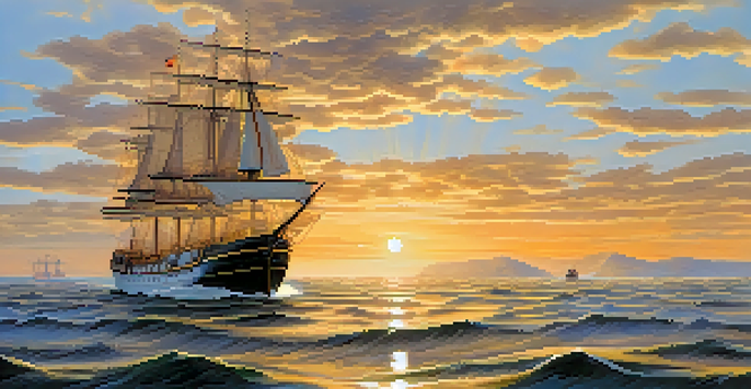 A captain steering a ship through calm waters, with a bright horizon symbolizing a clear vision and crew members working together.