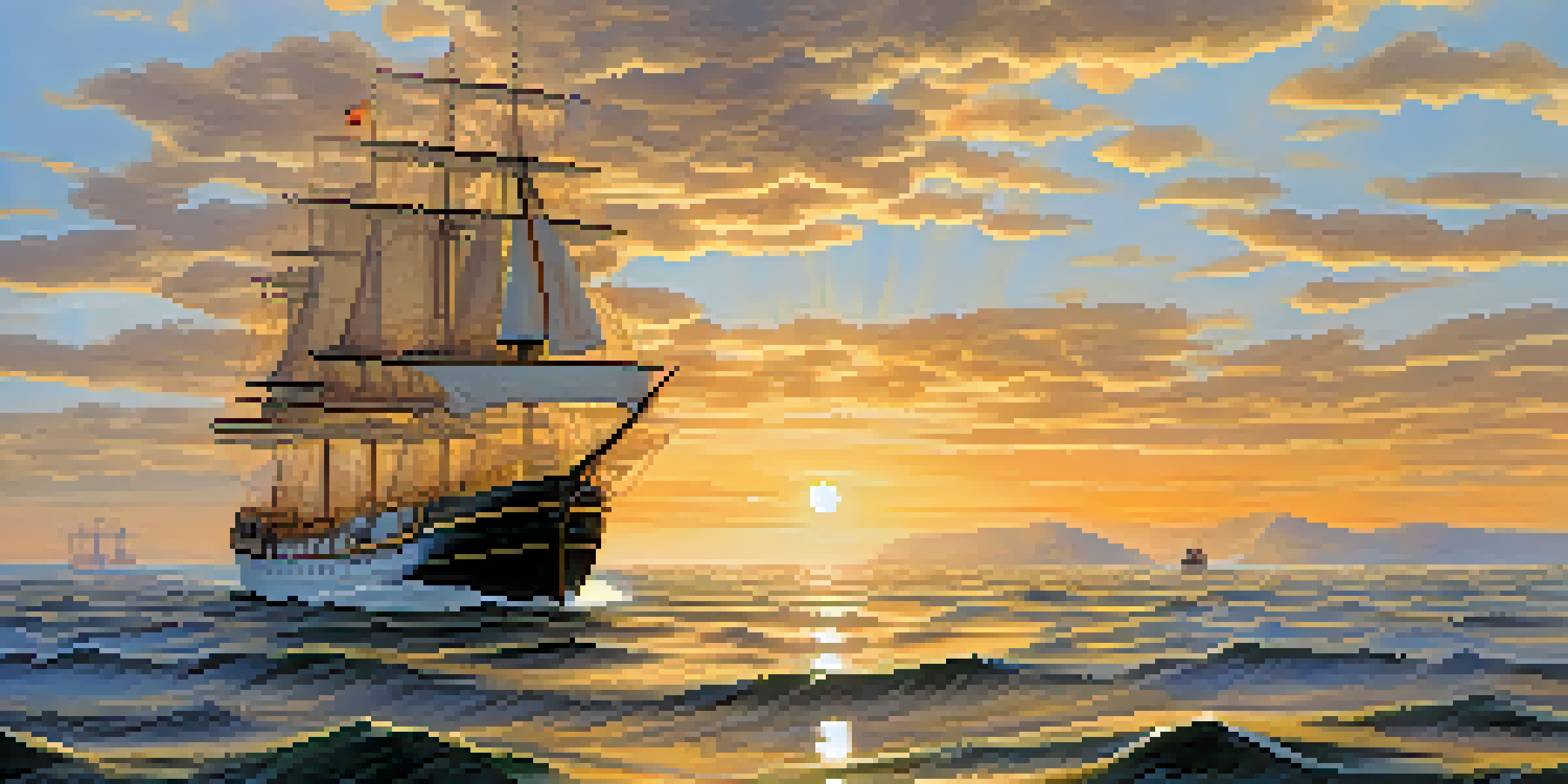 A captain steering a ship through calm waters, with a bright horizon symbolizing a clear vision and crew members working together.