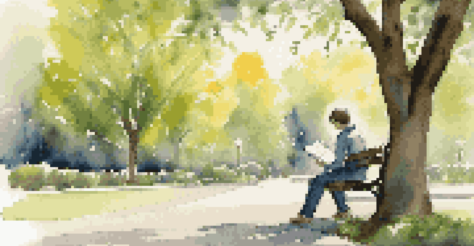 A person sitting on a park bench with a journal, reflecting on their learning journey amidst blooming flowers and trees on a sunny day.