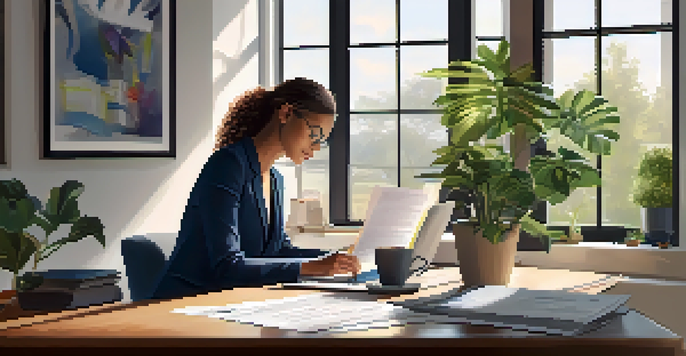 A professional woman reviewing her resume at a desk with a laptop and notepad, illuminated by natural light.