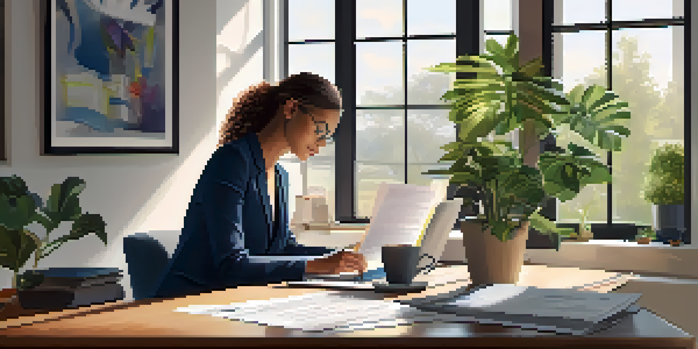 A professional woman reviewing her resume at a desk with a laptop and notepad, illuminated by natural light.