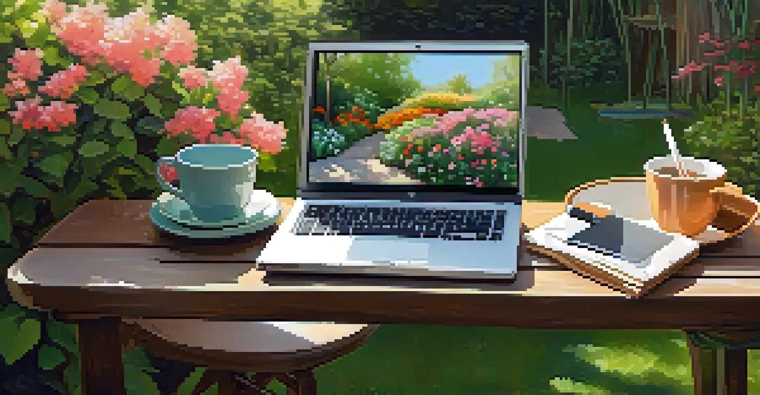 An outdoor workspace with a laptop and coffee in a blooming garden, symbolizing freedom and creativity.