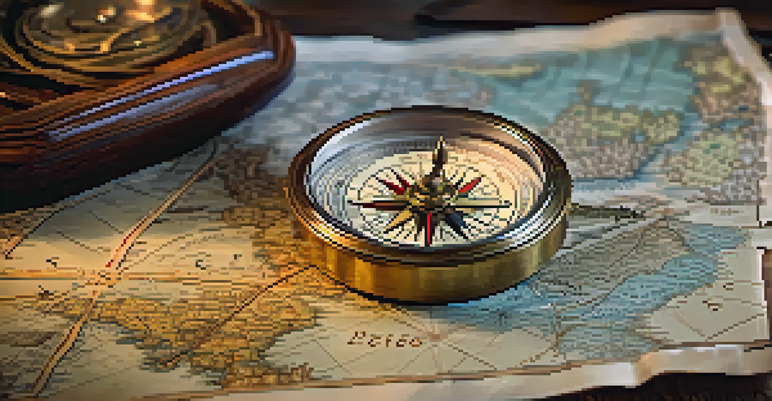 A close-up of a vintage compass on an antique map, illuminated by soft candlelight, highlighting ancient trade routes.