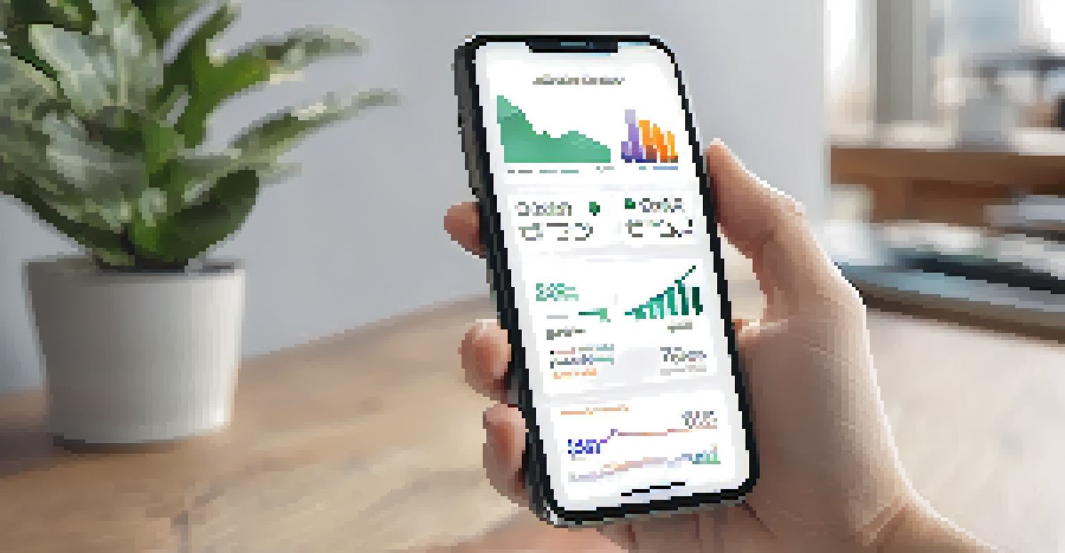 A close-up of a hand holding a smartphone showing a progress tracking app against a blurred cozy workspace background.
