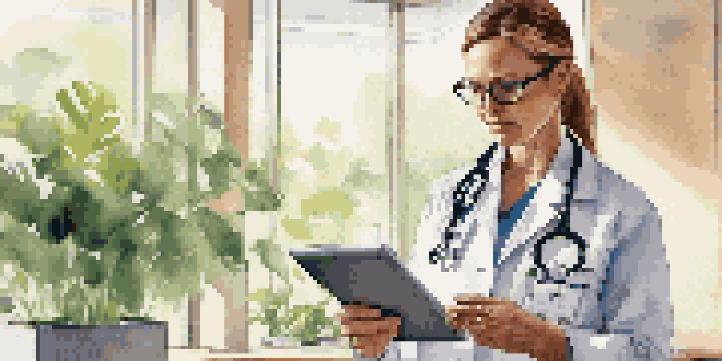 A healthcare provider in a modern clinic looking at a tablet, surrounded by medical equipment and plants.