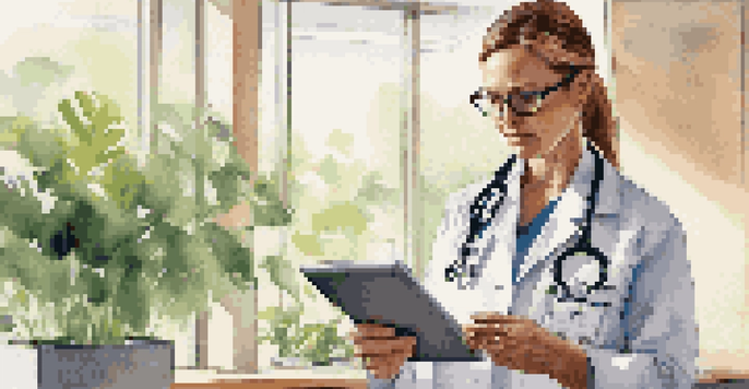 A healthcare provider in a modern clinic looking at a tablet, surrounded by medical equipment and plants.