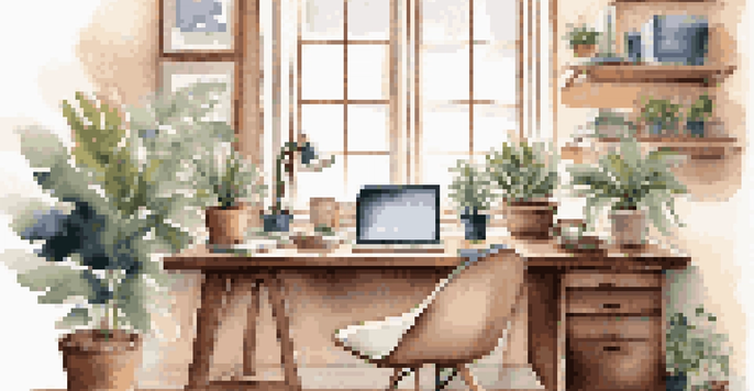A cozy home office with a wooden desk, laptop, indoor plants, and a cup of coffee, illuminated by soft natural light.