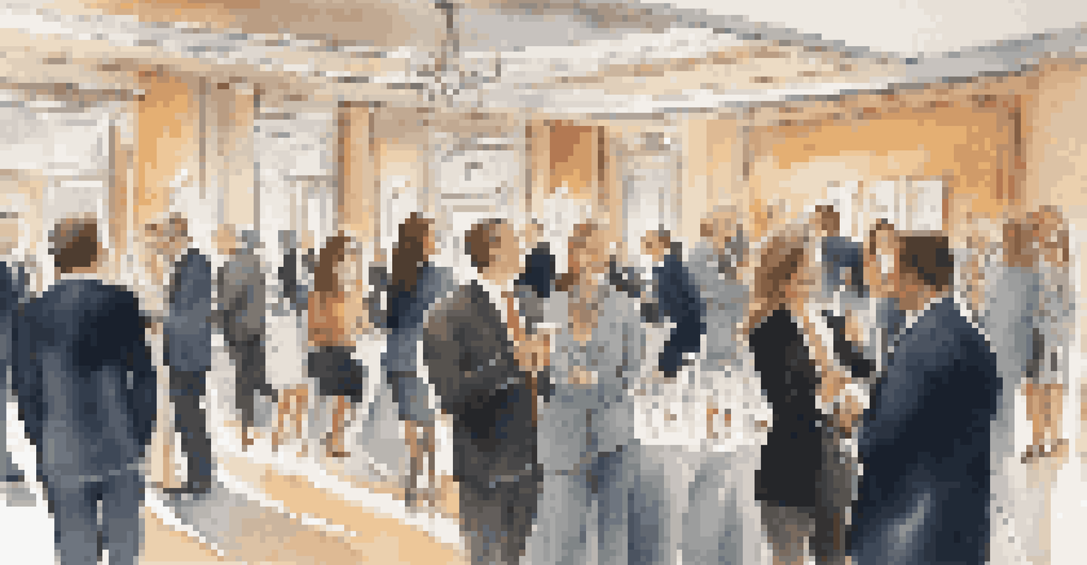 Professionals networking at an elegant event, exchanging business cards and conversing in a stylish venue with soft lighting.