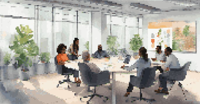 A diverse group of employees in a modern office setting, engaged in a collaborative meeting with natural light and a digital screen.