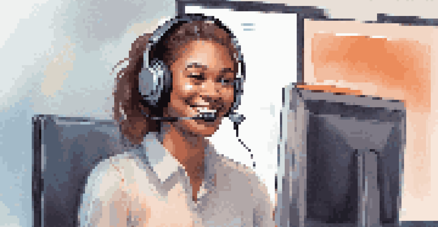 A customer service agent using a headset, smiling while interacting with an AI chatbot on a computer screen, in a warmly lit environment.