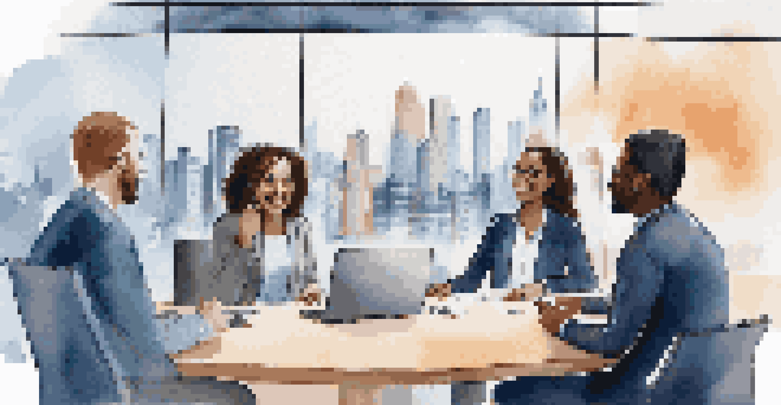 A virtual meeting with diverse professionals on screens, smiling and engaging in a digital setting with a city skyline background.