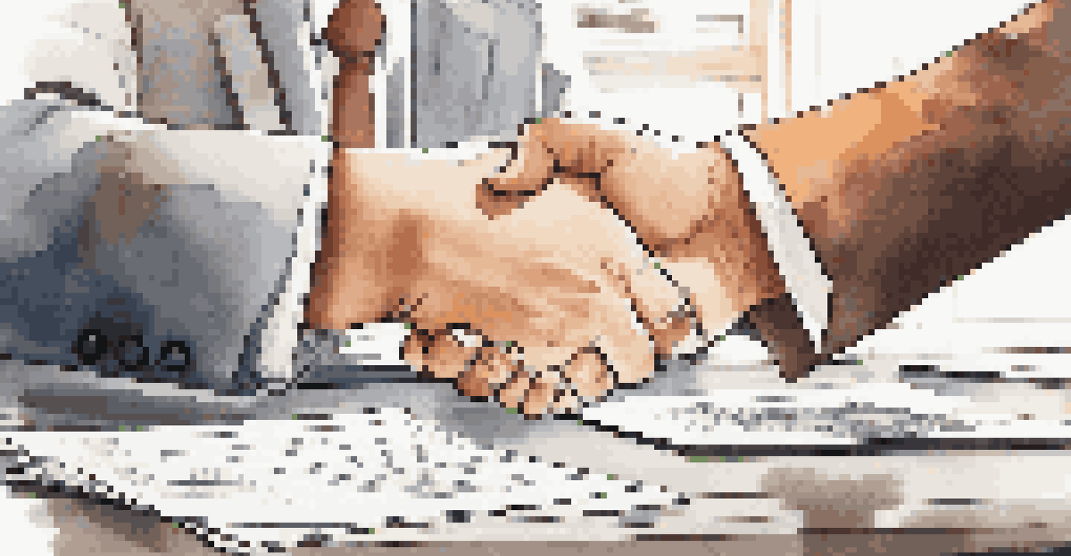 A close-up of a handshake over a desk with documents and a laptop, indicating a successful job negotiation.