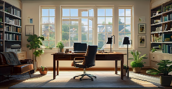 A cozy home office with a wooden desk, laptop, coffee cup, and potted plant, illuminated by natural light.
