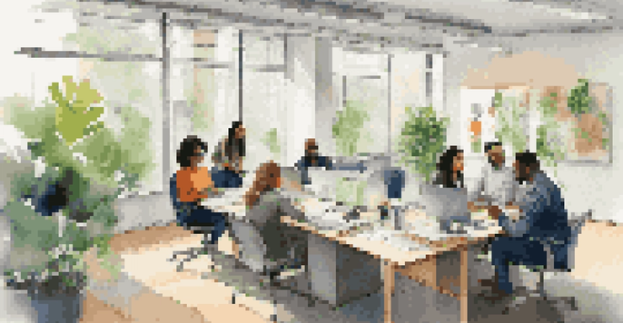 A diverse group of professionals in a bright office space collaborating during a meeting, surrounded by plants and modern furniture.
