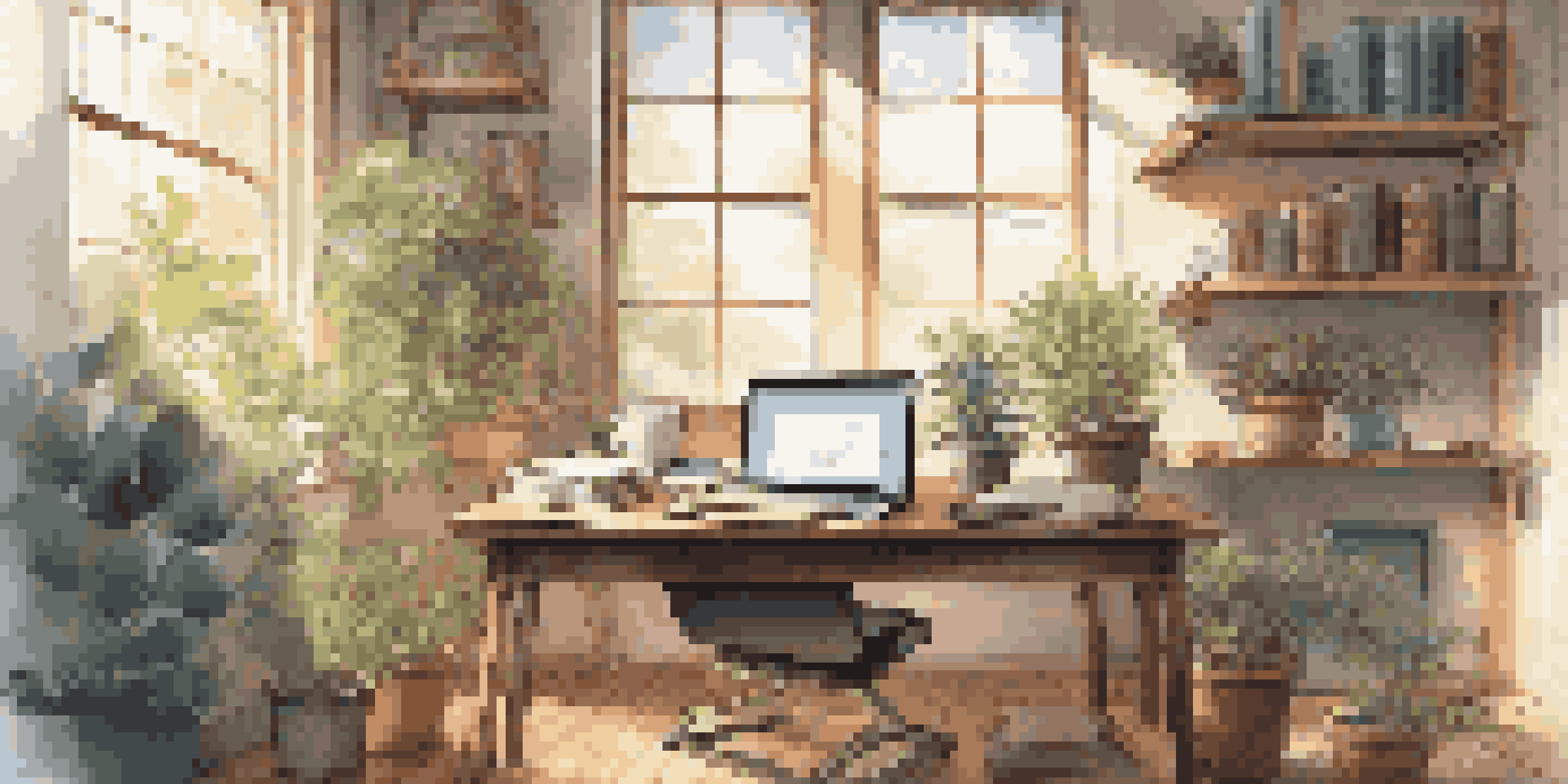 A study space with a wooden desk, open books, a laptop with code, and a cup of coffee, illuminated by sunlight and surrounded by plants.
