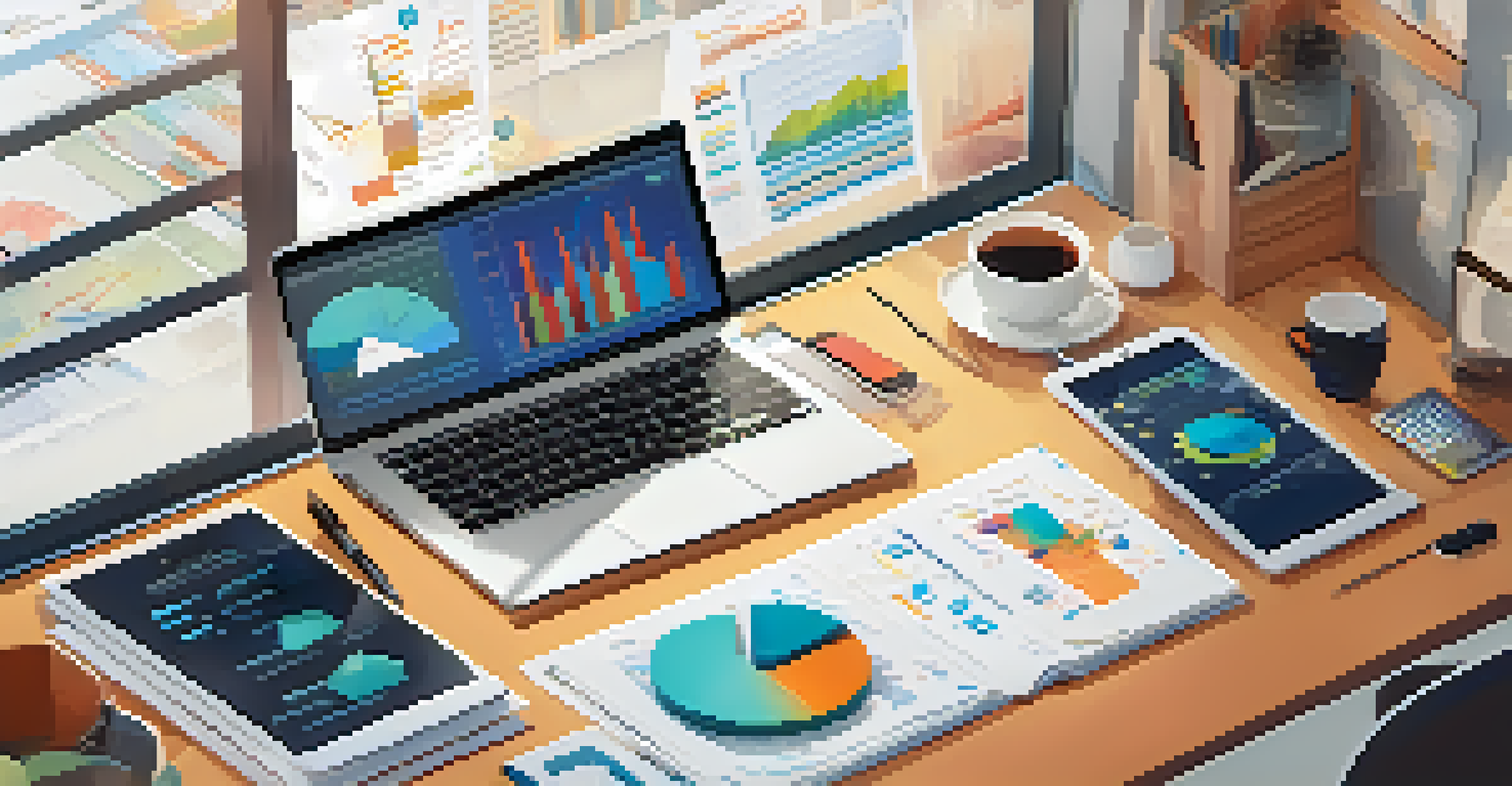 An overhead view of a workspace with a laptop, charts, and research materials for job market analysis.