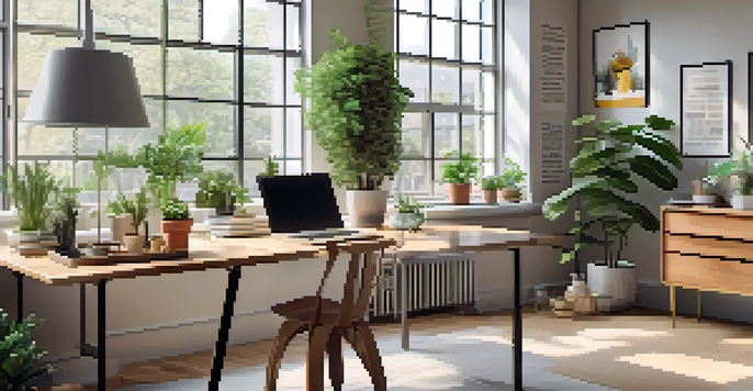 A peaceful office workspace with a wooden desk, laptop, potted plants, and motivational artwork on the walls.