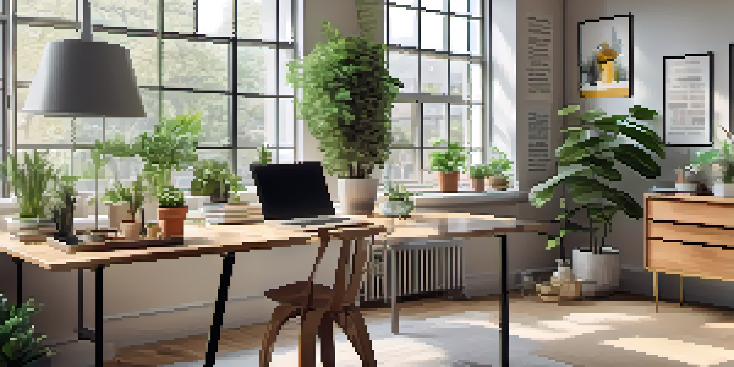 A peaceful office workspace with a wooden desk, laptop, potted plants, and motivational artwork on the walls.