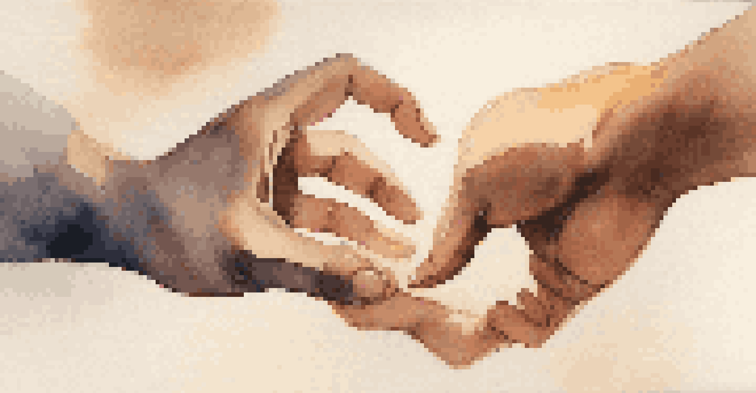 A close-up image of two hands reaching out towards each other in a gesture of connection, with a softly blurred warm background.
