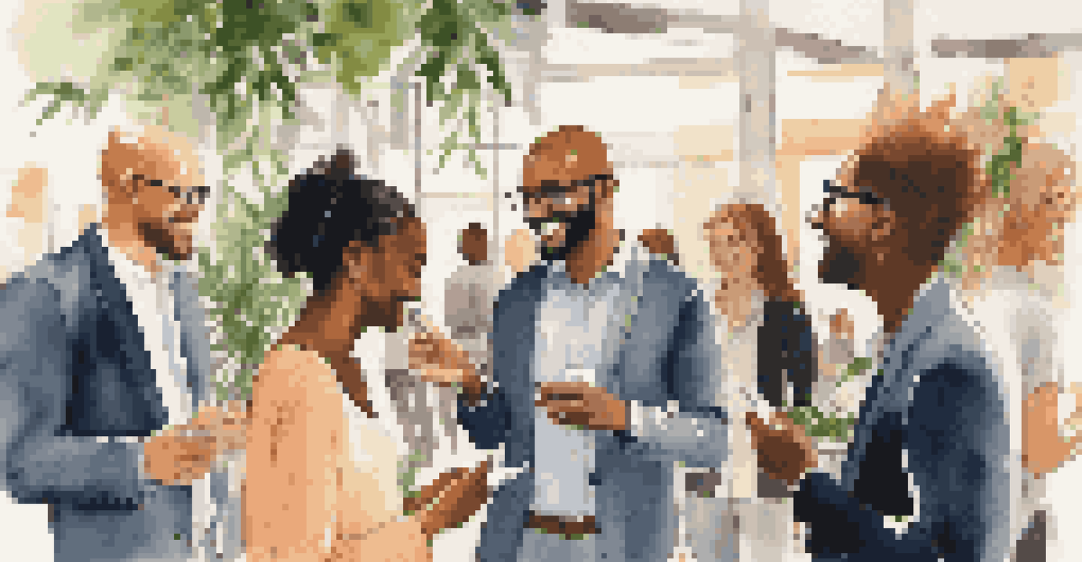 A diverse group of people networking, exchanging business cards, and smiling in a bright venue with plants and art.