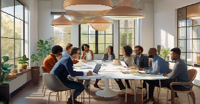 A group of professionals in a bright meeting room, showcasing teamwork and active listening during a discussion.