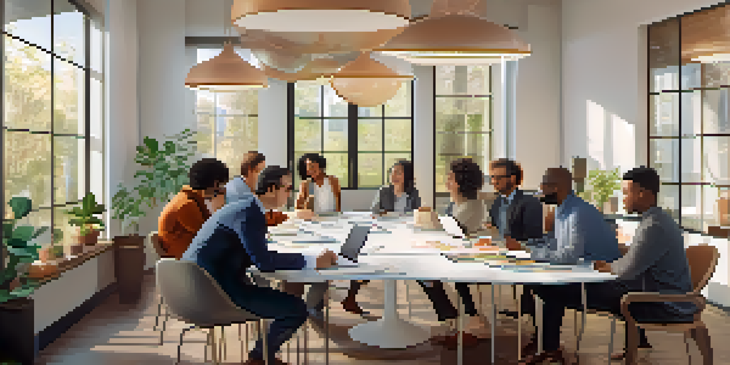 A group of professionals in a bright meeting room, showcasing teamwork and active listening during a discussion.