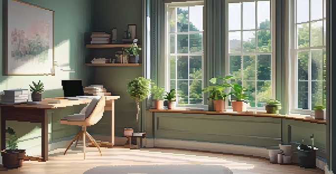 A bright and serene office space with a desk, laptop, and a view of a lush garden outside.