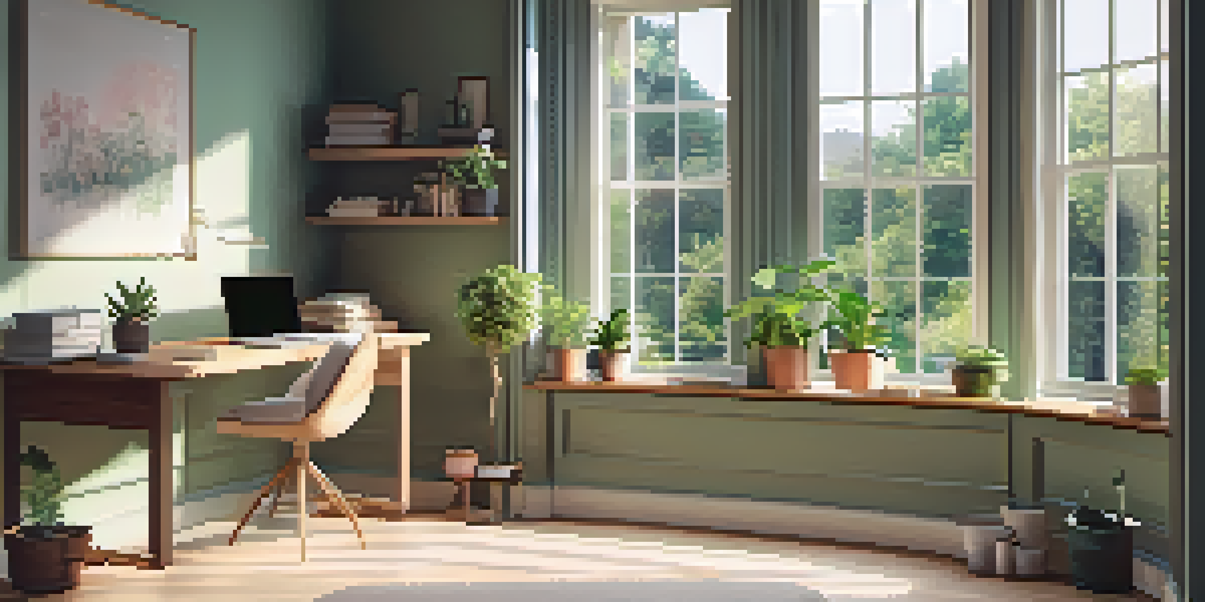 A bright and serene office space with a desk, laptop, and a view of a lush garden outside.