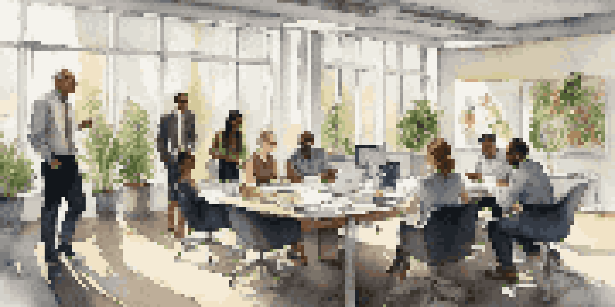 A diverse group of professionals collaborating in a modern office space, surrounded by light and greenery, emphasizing teamwork and adaptability.