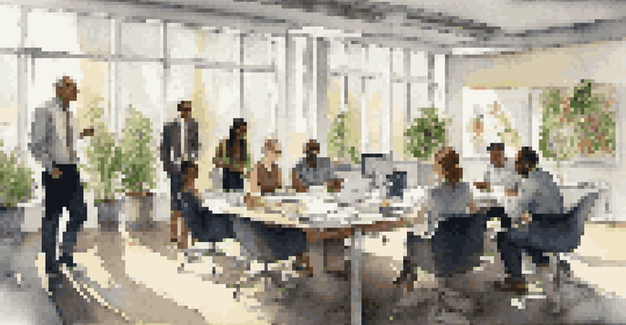 A diverse group of professionals collaborating in a modern office space, surrounded by light and greenery, emphasizing teamwork and adaptability.