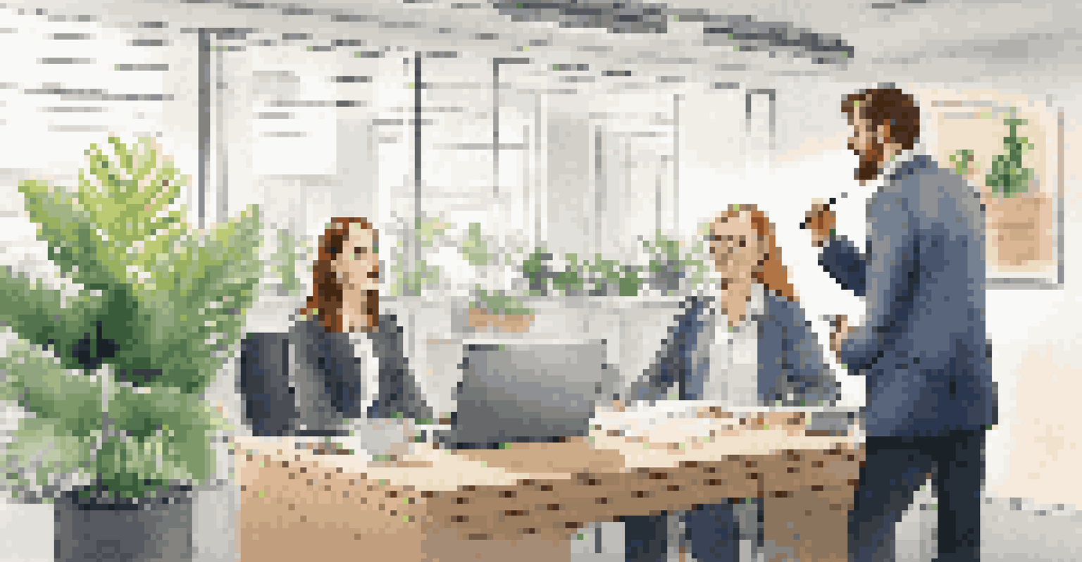 A manager giving constructive feedback to an employee in a modern office, with plants and motivational posters in the background.