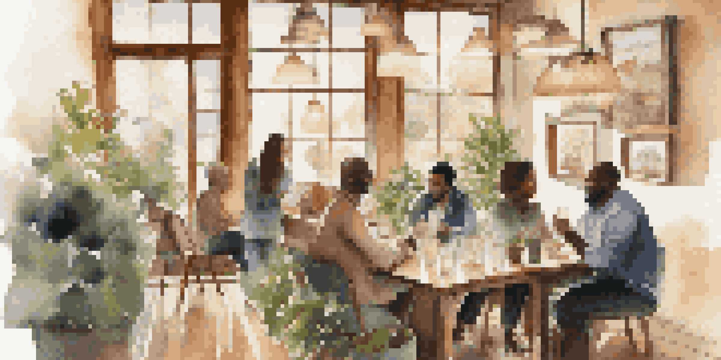 A cozy coffee shop with a small group of people having intimate conversations at a wooden table, with soft natural light and warm interior tones.