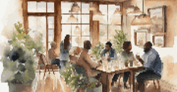 A cozy coffee shop with a small group of people having intimate conversations at a wooden table, with soft natural light and warm interior tones.