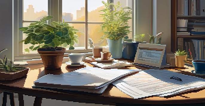 A young professional sitting at a desk with financial documents, a laptop, and a cup of coffee, illuminated by sunlight.