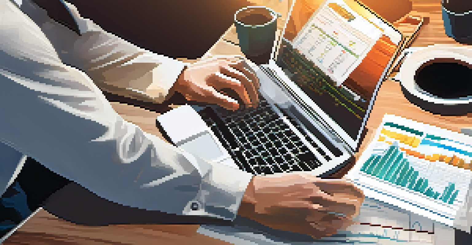 Close-up of a financial analyst's hands typing on a laptop with graphs displayed, surrounded by financial reports and a coffee cup.