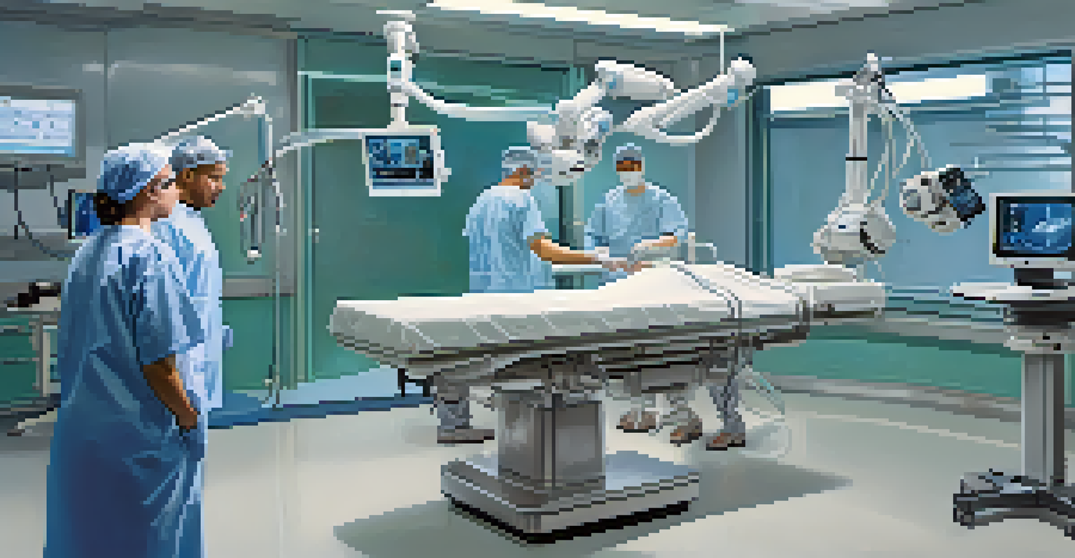 A surgical room with a robotic assistant aiding healthcare professionals during a procedure.