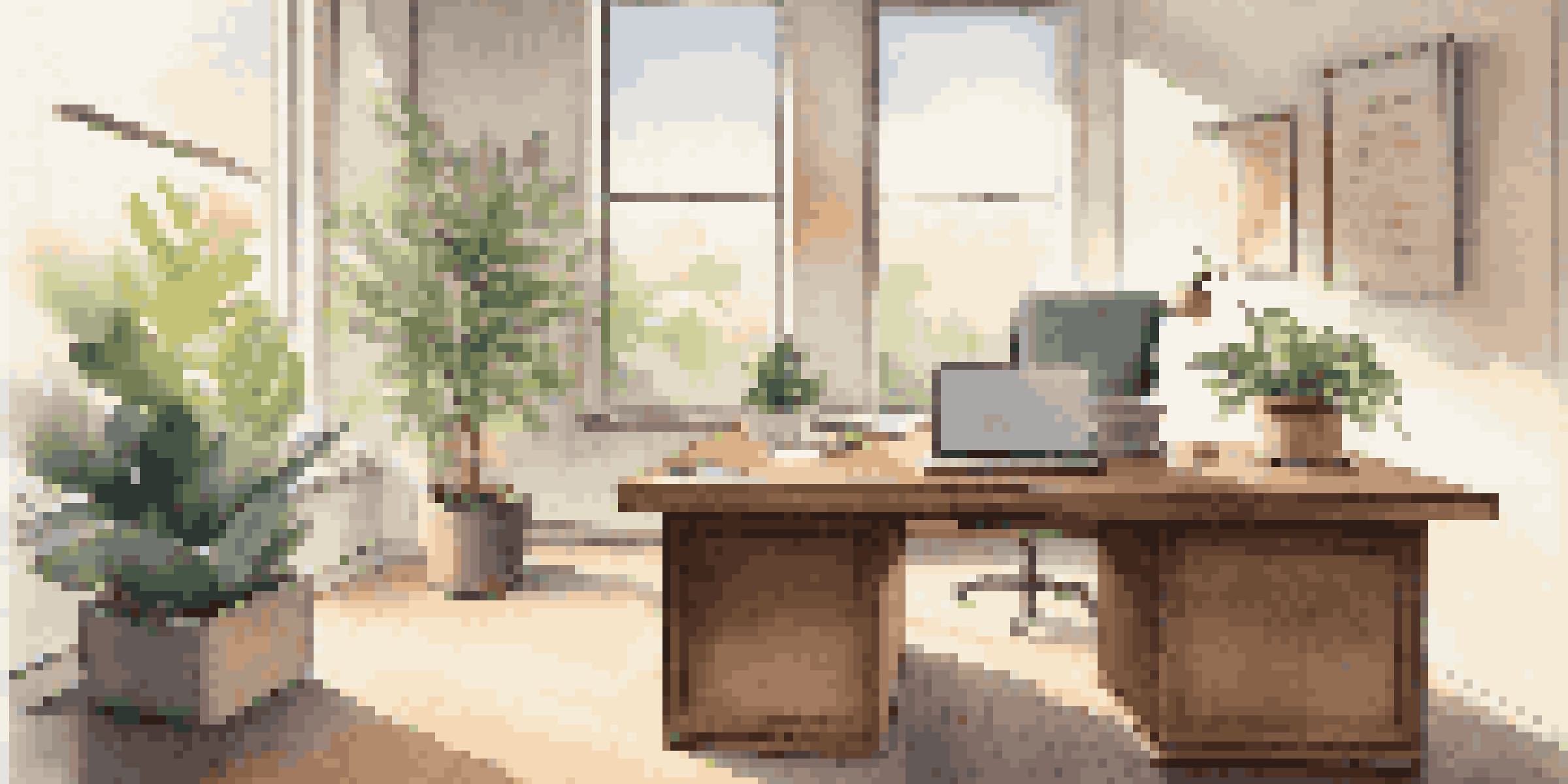 A well-lit modern office with a wooden desk, laptop showing testimonials, and a potted plant, illuminated by natural light.