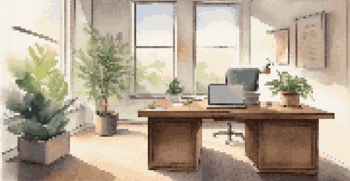 A well-lit modern office with a wooden desk, laptop showing testimonials, and a potted plant, illuminated by natural light.