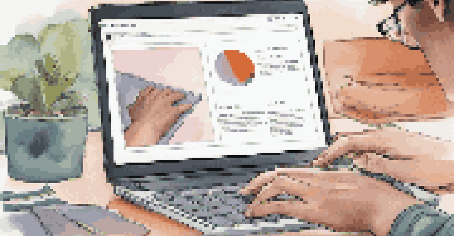 A close-up of hands typing on a laptop displaying a digital portfolio, with a focus on the screen's clean layout and professional projects.