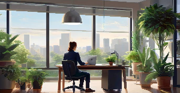 A young professional working at a desk in a bright office, with plants and a laptop.