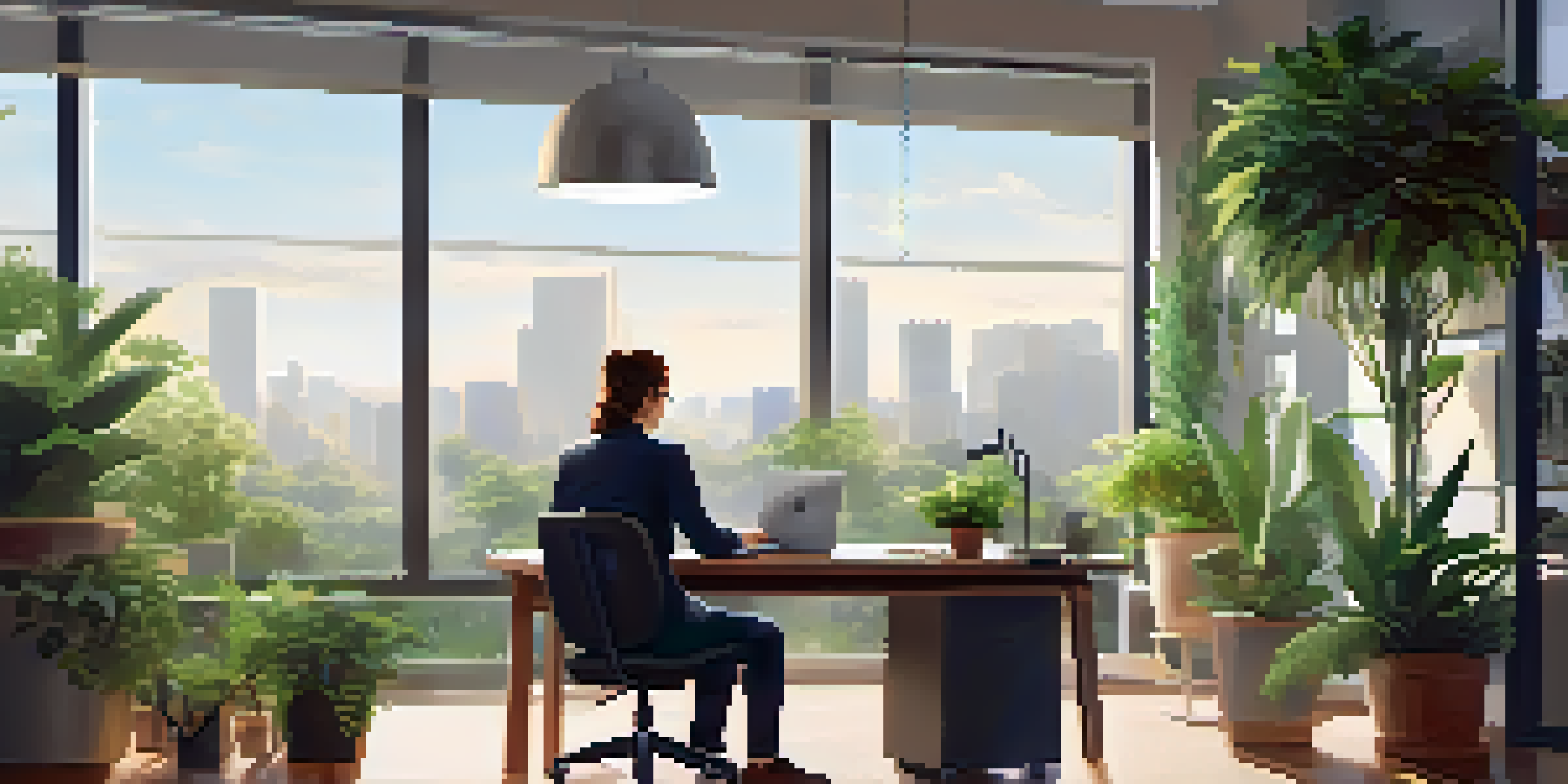 A young professional working at a desk in a bright office, with plants and a laptop.