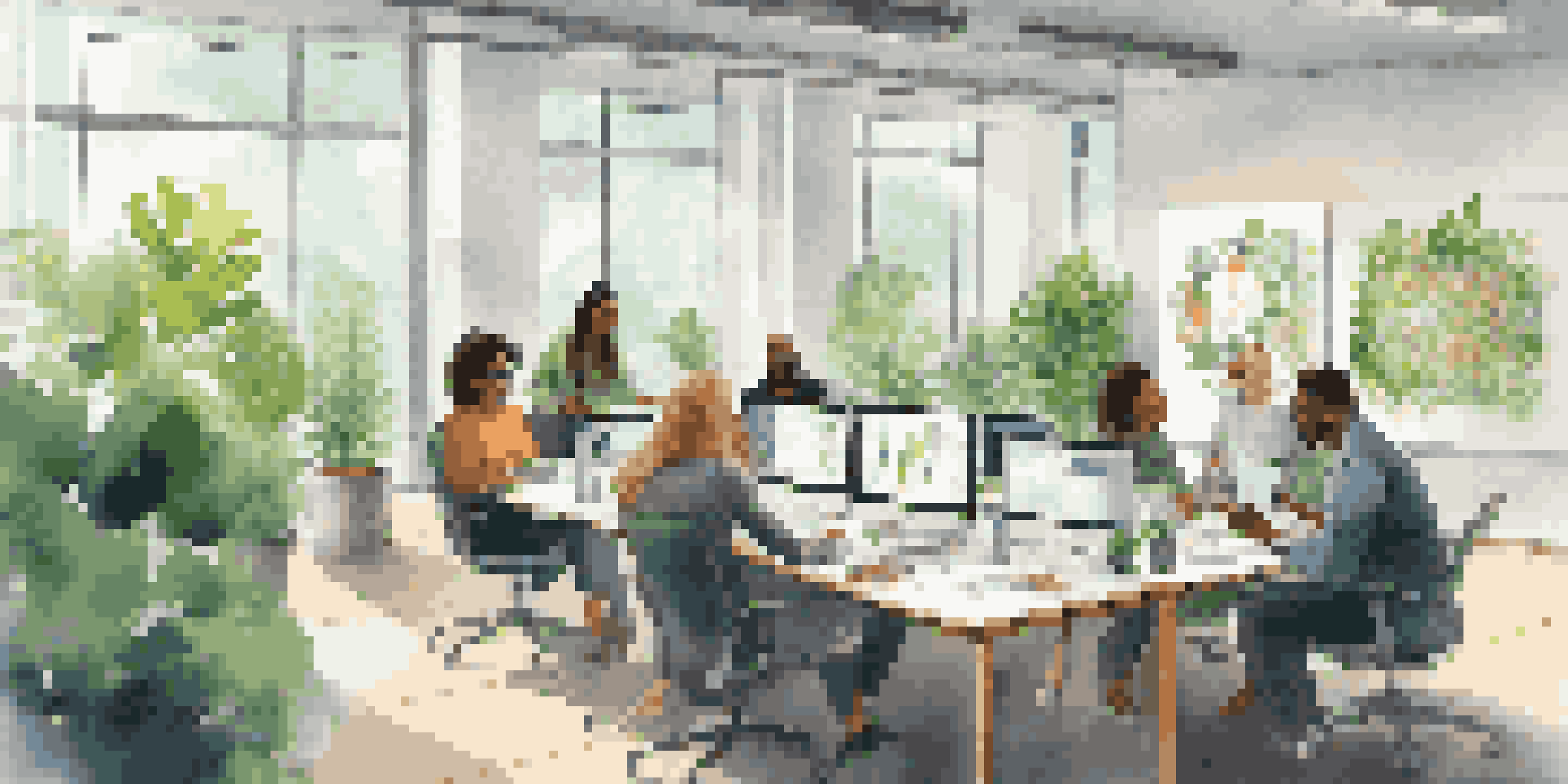 A diverse group of employees brainstorming in a bright corporate office, collaborating around a large table with plants and artwork.