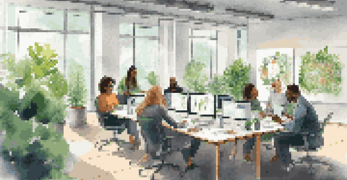 A diverse group of employees brainstorming in a bright corporate office, collaborating around a large table with plants and artwork.