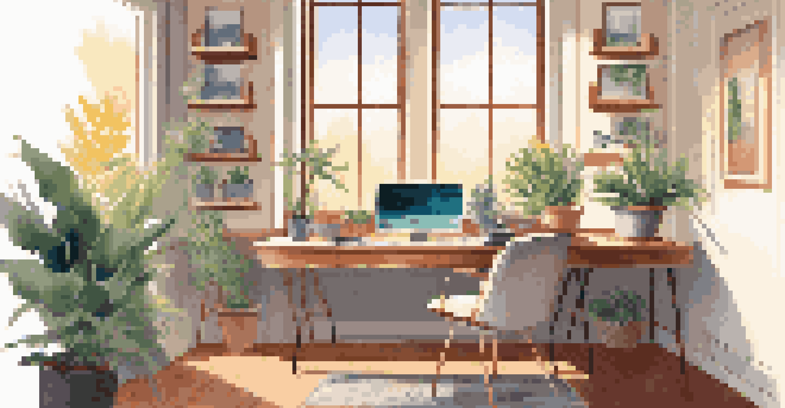 A bright and cozy home office with a wooden desk, ergonomic chair, and a window with natural light.