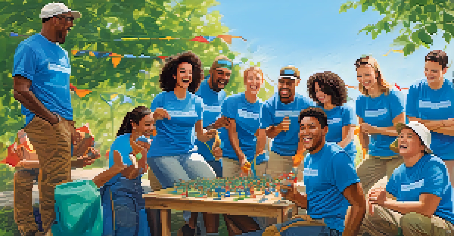 A diverse group of employees enjoying a team-building activity outdoors, laughing and collaborating.