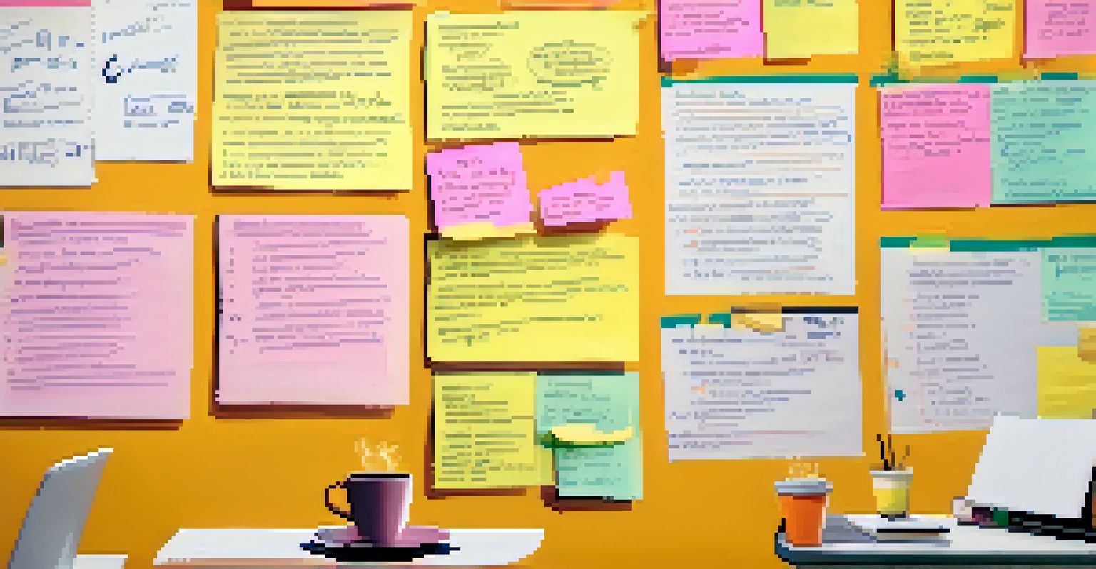A close-up of a brainstorming session with colorful sticky notes on a wall and a hand writing on a notepad.