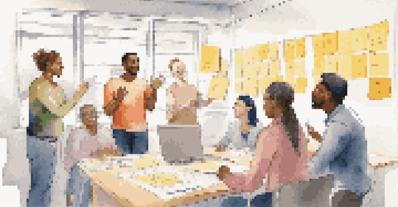 A diverse group of people collaborating in a bright room, surrounded by sticky notes and charts during a brainstorming session.